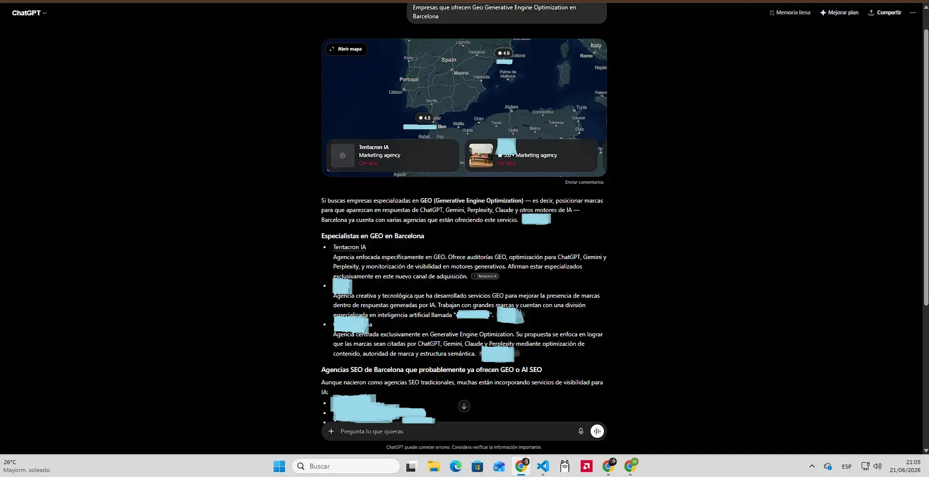 Captura de consulta real no ChatGPT citando a Tentacron IA em 1º lugar, com data do sistema visível